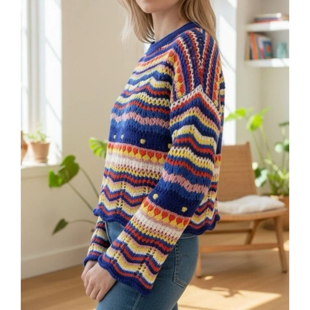 NWT Crochet Open Knit Colorful Striped Sweater Boho Beginning Boutique S/M